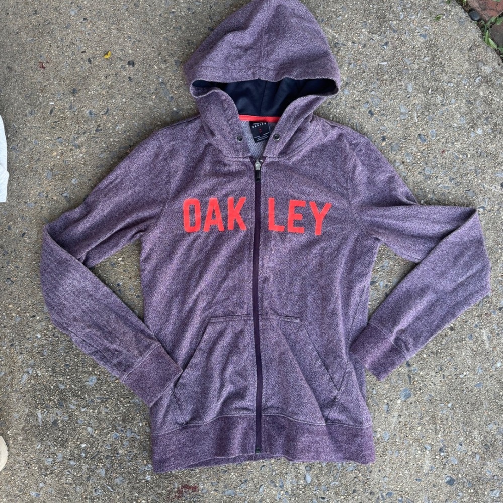 Oakley Women Purple Marl Full Zip Hoodie Orange Spell Out Logo Sweatshirt Small‎